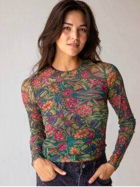 Natural Life Sloane Mesh Long Sleeve Top Green Floral Print